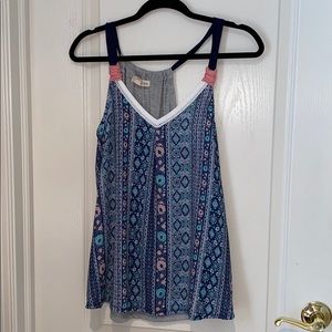 Blue, white, grey, pink, green tank w/ pattern